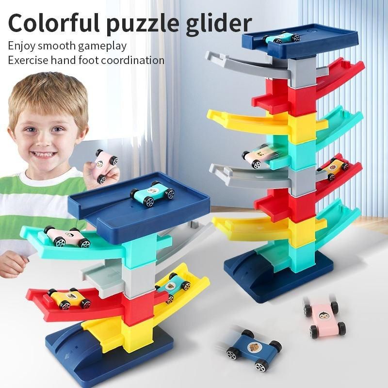 DIY Multilevel Racetrack Glider on Building Block Toys for Kids with 3 (three) racing cars